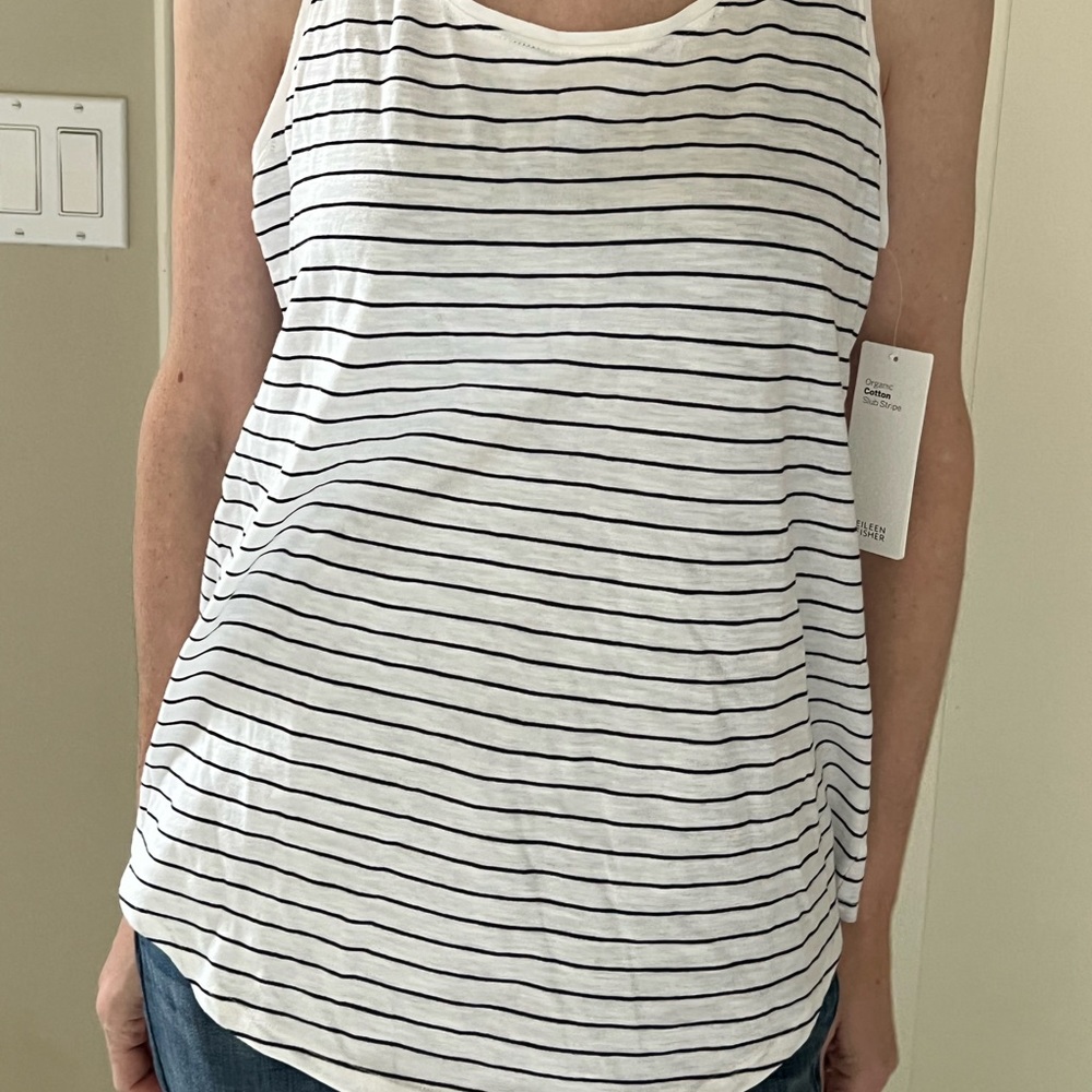 Eileen Fisher NWT XS white black stripe scoop neck tank organic cotton